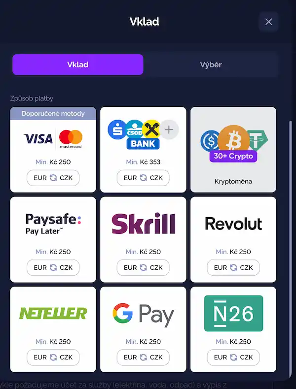 Sekce vkladů a výběrů v osobním profilu hráče