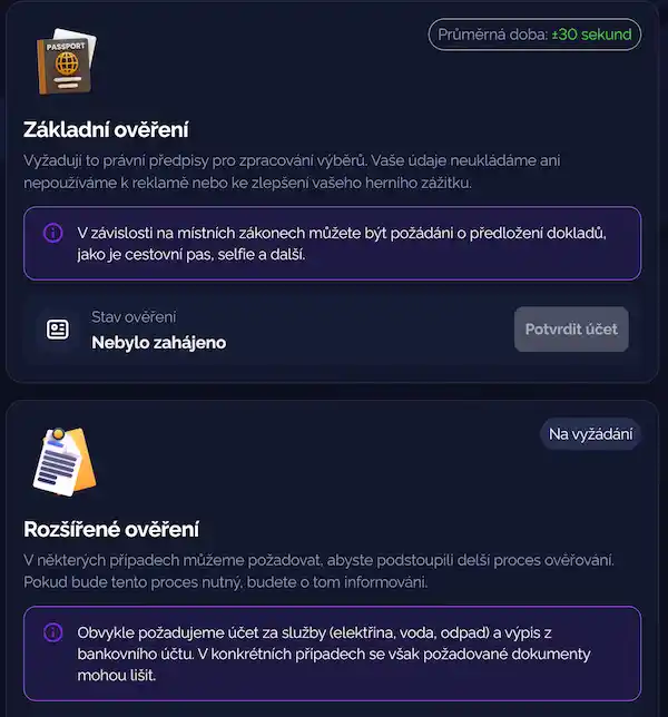 Sekce verifikace účtu v osobním profilu hráče