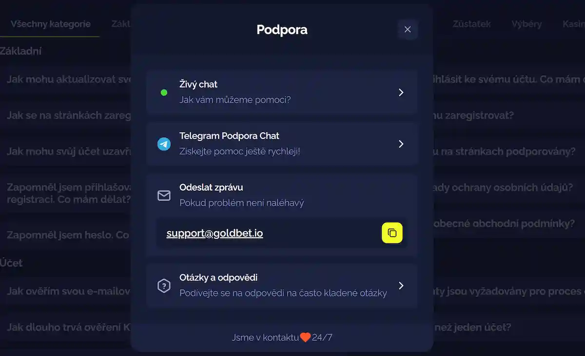Sekce kontaktů a podpory Goldbet Casino